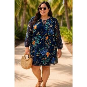 Ava & Viv 1X Navy Floral Dress with Sheer Sleeves & Tie Neck Vacation‎ Resort